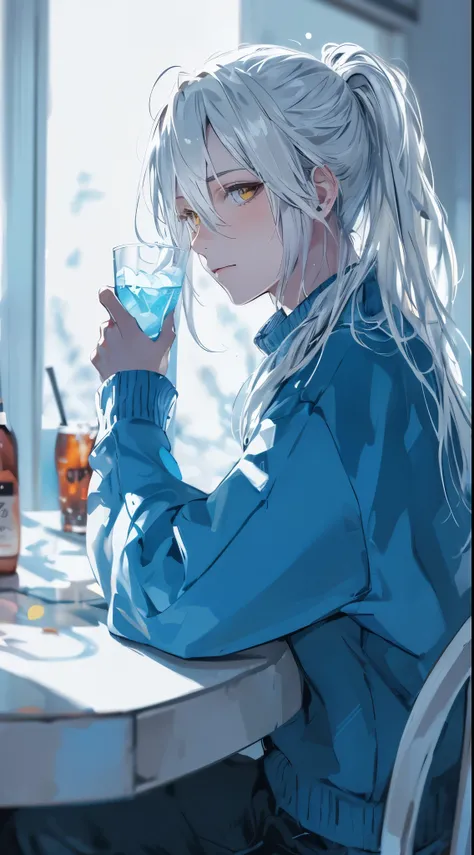 Beautiful young man, Dignified face, handsome, manly, white, very long hair, yellow eyes, ponytail, bright blue sweater, sitting on white counter chair, white background, holding glass with blue drink, shadow,high quality, amount of drawing, pixiv illustra...