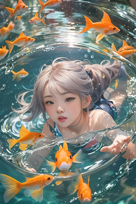 There is a girl swimming with goldfish in the pool, Guviz-style artwork, author：heroes, author：Li Song, guweiz, Beautiful digital artwork, Popular topics on cgstation, yanjun chengt, Cute and detailed digital art, inspired by Yanjun Cheng, by Yanjun Cheng,...