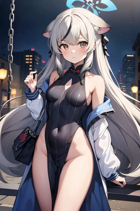 2D Beautiful Girl，Celluloid style，Ultra-clear original picture，Lighting, girl，Kagura Nana，Nana Kagurirtual Host，cropped shoulders，long  white hair，Hands imprisoned by chains，Hanged by chains on the city wall，There are animal ears on both sides of the head，...