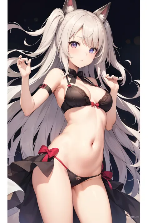 2D Beautiful Girl，Celluloid style，Ultra-clear original picture，Lighting, girl，Kagura Nana，Nana Kagurirtual Host，cropped shoulders，long  white hair，Hands imprisoned by chains，Hanged by chains on the city wall，There are animal ears on both sides of the head，...