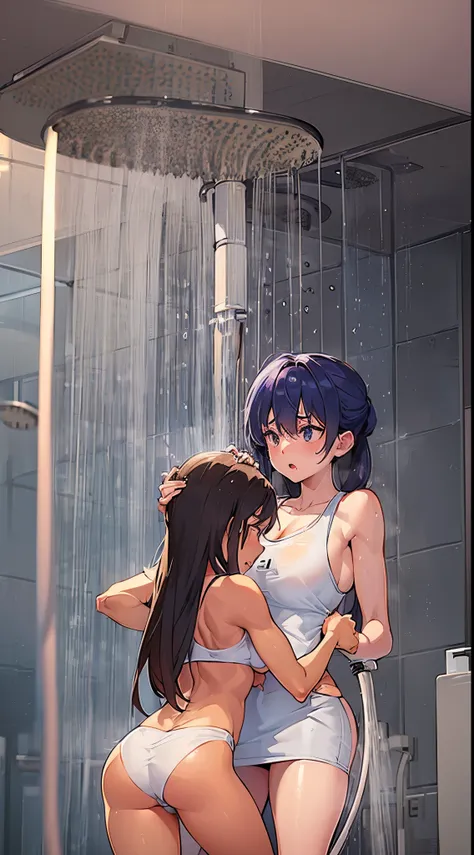 (((2 girls with toned bodies taking a shower together in the bathroom))) one girl very aggressive and catching the other girl hugging her from behind putting her hand on the girls breasts