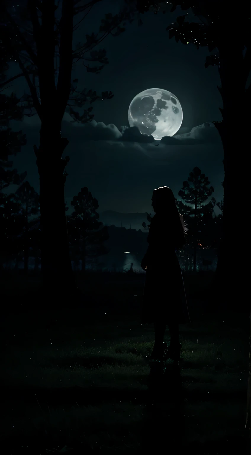 Haunted forest in eternal night, moonlight revealing eerie silhouettes.