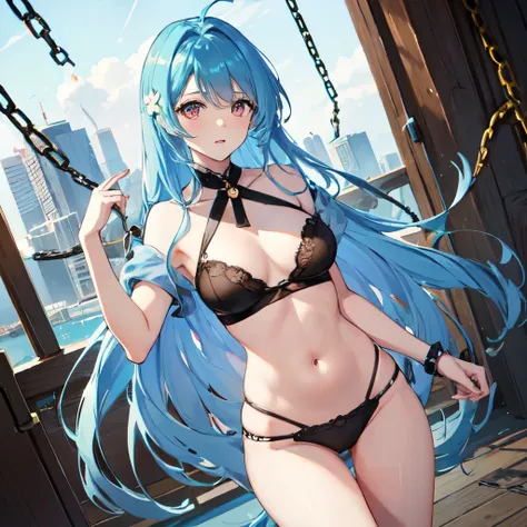 2D Beautiful Girl，Celluloid style，Ultra-clear original picture，Lighting, girl，Kagura Nana，Nana Kagurirtual Host，cropped shoulders，long  white hair，Hands imprisoned by chains，Hanged by chains on the city wall，Lace sheer pyjamas，前开叉Nightdress，Nightdress，Show...