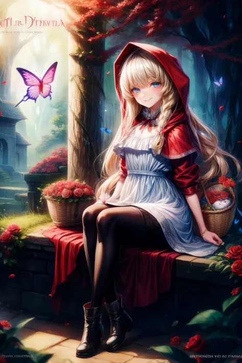 little red riding hood (grimm), flower, blonde hair, boots, blue eyes, butterfly, rose, rabbit, bug, pantyhose, pink rose, bird, long hair, sitting, french text, hood, english text, basket, wolf, multiple girls, tree, 1girl, smile, dress, food, pink flower...