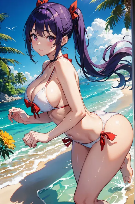 ８k、Best Quality、suns、Midsummer beach、独奏、a beauty girl、delicated face、a smile、Long pigtails、Purple hair、Colossal tits:1.8、big butts:5.5、big breasts thin waist、Beautiful constriction、shinny skin、beauty legs、cleavage of the breast、Tie your hair with a red rib...