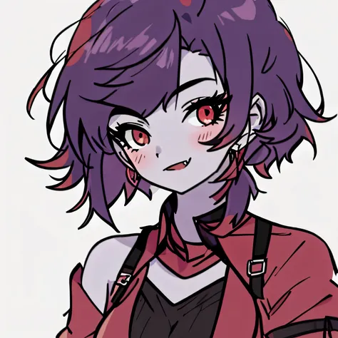 1girl, short purple hair, red eyes, fang