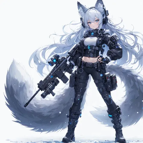 (masutepiece, Best Quality), (Perfect athlete body:1.2), (detailed hairs), Ultra-detailed, Anime style, Solo, Full body, fluffy animal girl gunner, Black and white hair, blue gray fur, wearing a cyberpunk suit, have a big gun, high boots, Digital Painting,...