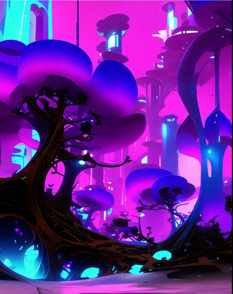 metaverse cyberpunk metal tree，Rich texture details，Color pink blue purple，Highlight the canopy