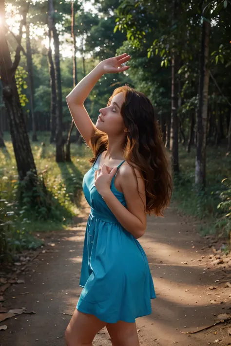 Draw a girl with waving hair on the background of the forest at sunrise in a blue dress