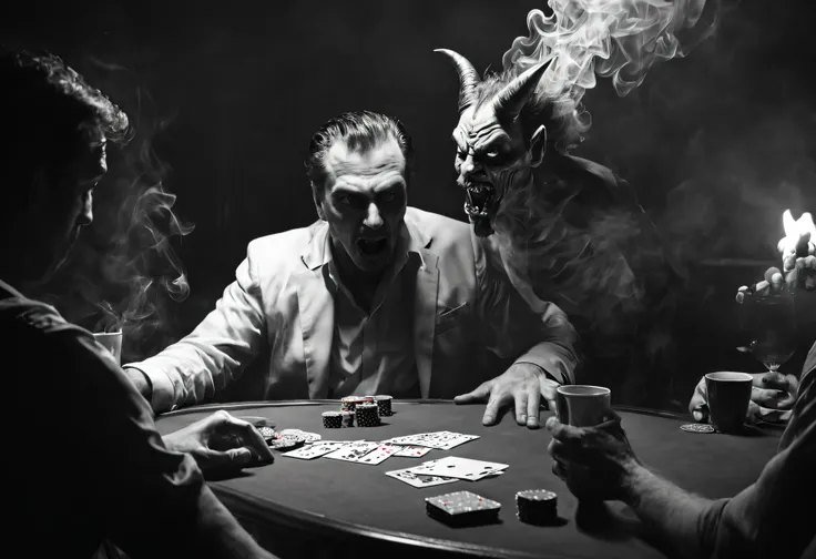 man playing poker with a demon at a table smoking and drinking somewhat worried, hay humo en el ambiente, quality black and white comic style, el escenario es oscuro y en el fondo