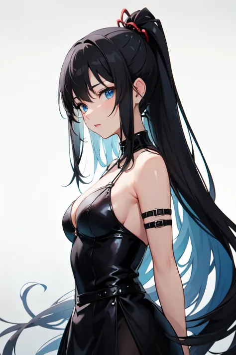 esguio, (peito pequeno), long  black hair, blue eyes,136, dark samurai, garota anime, black dress