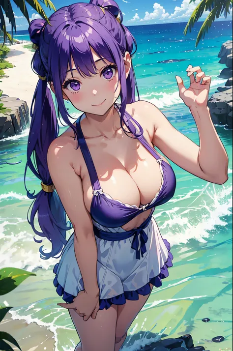 ８k、Best Quality、rays of sunshine、Midsummer beach、独奏、a beauty girl、delicated face、a smile、Long pigtails、Purple hair、Colossal tits:1.8、cleavage of the breast、Hands on、