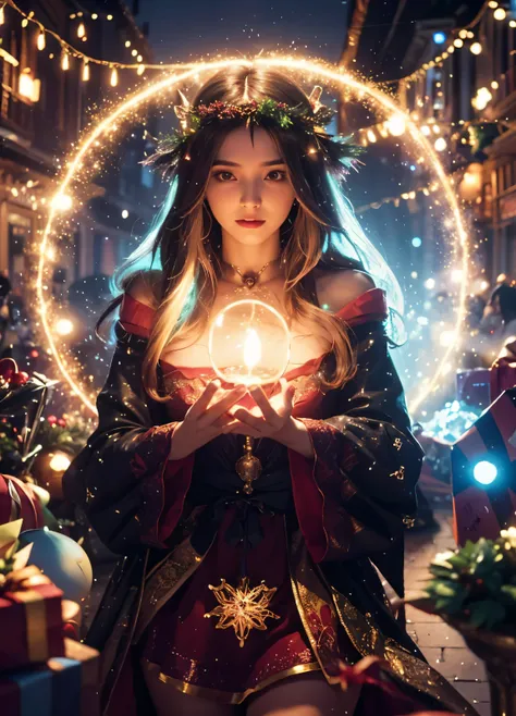 Craft an image of a sorceress conjuring a shimmering portal to a realm where Christmas lights dance in the air and gifts float magically around her, showcasing her command over a whimsical and otherworldly celebration.