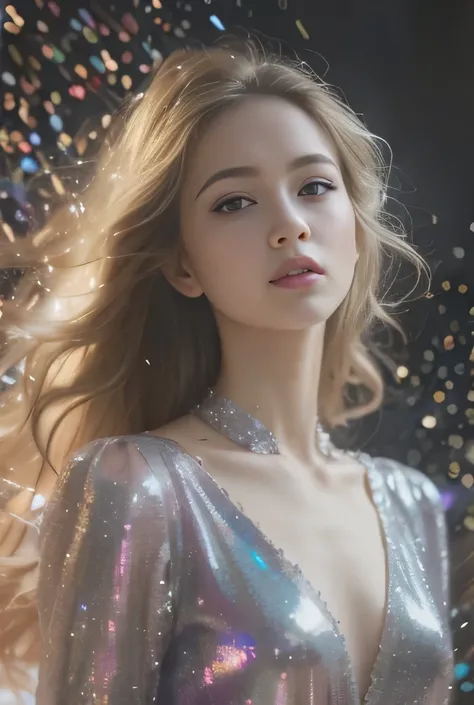 a woman in a sparky dress standing in front of a glitter background, ethereal beauty, a stunning young ethereal figure, 8k artgerm bokeh, blonde girl in a cosmic dress, light effect. feminine, glittering and soft, inspired by Yanjun Cheng, wearing a sparkl...