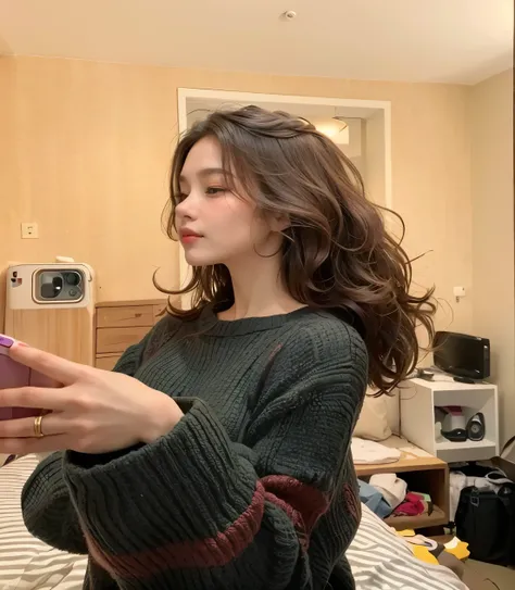 arafed woman taking a selfie in a bedroom with a bed, anna nikonova aka newmilky, style of julia razumova, pokimane, intriguing volume flutter, portrait sophie mudd, leaked image, wavy shoulder-length hair, yelena belova, julia gorokhova, by Emma Andijewsk...