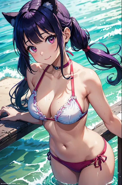 ８k、Best Quality、rays of sunshine、Midsummer beach、独奏、a beauty girl、delicated face、a smile、red eyes、Long pigtails、Purple hair、Naughty swimwear、Colossal tits:1.8、cleavage of the breast、Show the armpits、Whole body immersion、run、