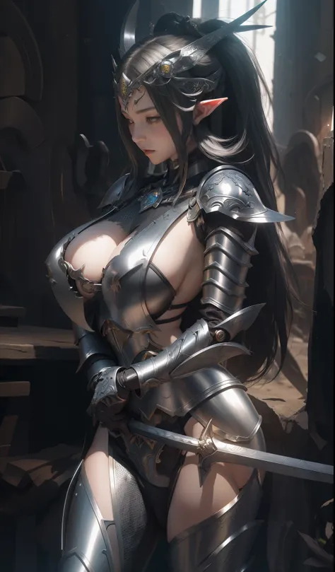 One wearing armor、Drawing of elf woman holding sword, Elf long ears,biomechanical oppai, Thick armor, but the armor covers her face, ornate bikini armor, wearing shining breastplate, Wearing armor!!, Thick black line drawing, a very beautiful violent woman...