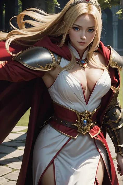 8K,Blonde girl wearing luxurious red, white and black chest armor, Super beauty(Like the real thing)real looking skin,美しいPrincess Knight,Blue eyes, Princess Knight, ((美しい幻想的なPrincess Knight)), An elegant , gorgeous princess paladin,  美しいPrincess Knight,超A ...