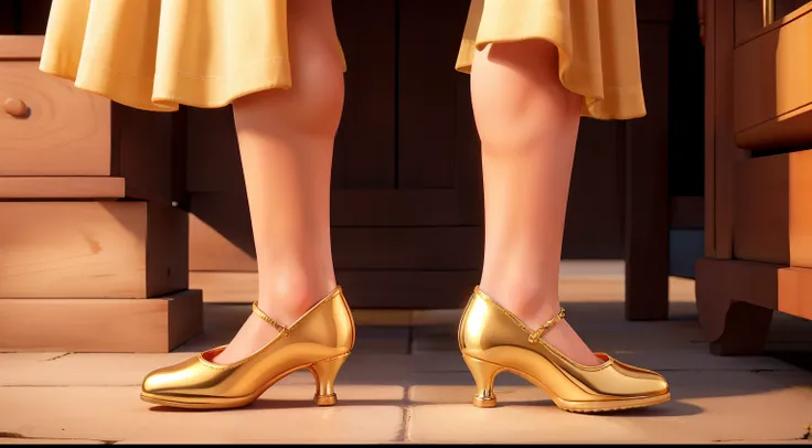 There is a close-up of a girls foot about to enter a golden womens shoe. However, the foot cannot fit into the shoe.