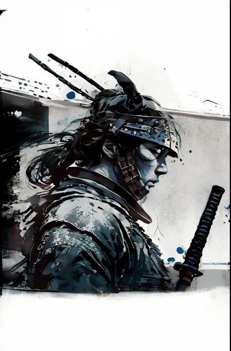 hay un hombre con una espada en la mano y una foto de un hombre con un casco, samurais, samurais portrait, inspired by Kanō Hōgai, samurais warrior, samurais style, Fantasma de Tsushima, as samurais,  samurais, japanese samurais, inspired by Kanō Sanraku, ...