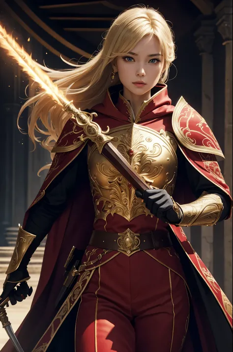 8K,Blonde girl wearing luxurious red, white and black chest armor, Super beauty(Like the real thing)real looking skin,美しいPrincess Knight,Blue eyes, Princess Knight, ((美しい幻想的なPrincess Knight)), An elegant , gorgeous princess paladin,  美しいPrincess Knight,超A ...