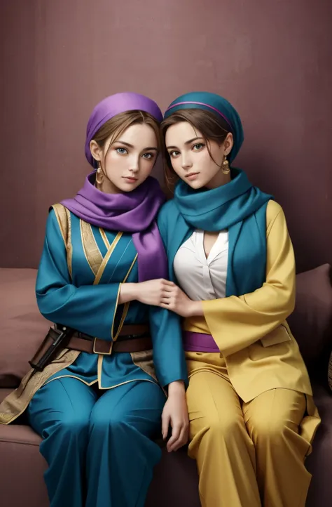 two female oen soldiers with colorful robes, sitting,dynamic pose,big eyes,trousers, vests, scarves, and headgear, along with traditional Ottoman armor and weapons. there have just two soldiers and they are looking streight,touch each other, Tease a friend...