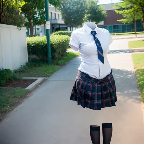 chubby, fat, white shirt, blue stripe tie, school tie, school uniform, plaid skirt, (from below), (two girls are good friends), cute pose, (invisible, no humans, headless, faceless:1.5), cute big breasts, (8k, RAW photo, best quality, masterpiece:1.2), (re...