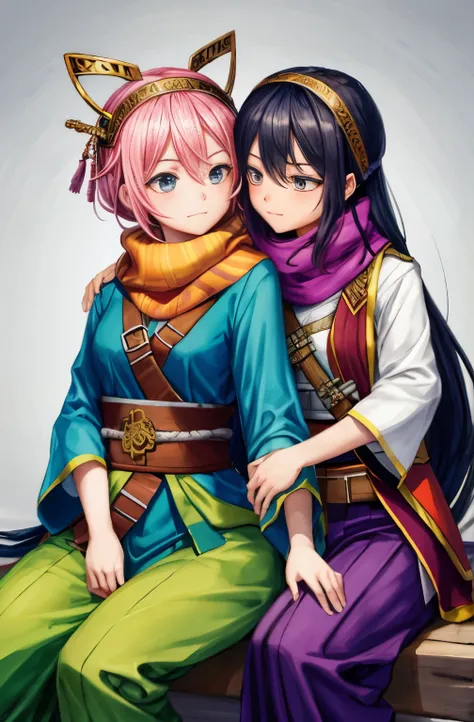 two female oen soldiers with colorful robes, sitting,dynamic pose,big eyes,trousers, vests, scarves, and headgear, along with traditional Ottoman armor and weapons. there have just two soldiers and they are looking streight,touch each other, Tease a friend...