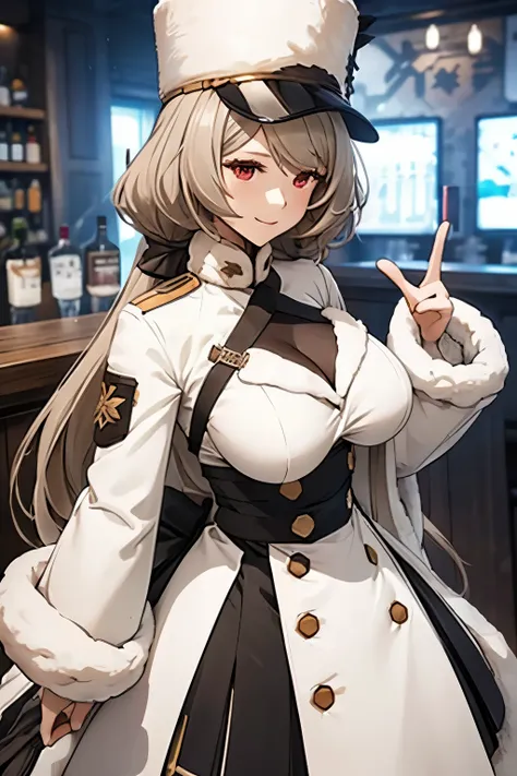 Female Solo、a blond、Wave Semi-Long(inked)hair、large full breasts、white winter coat、Fluffy hat、tall、a cool、BAR background、Master of the Bar、a smile、Codes.Dolls Frontline .girls frontline.Codes.