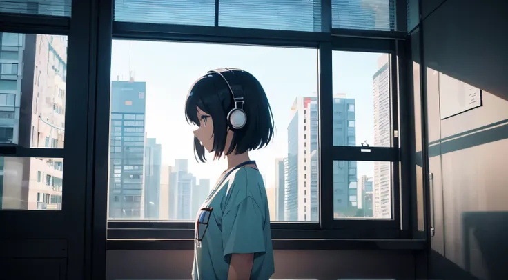 Anime girl with headphones looking out the window of the city, Short black hair、Rear view、full bodyesbian、natta、throughout the room、lofi-girl, anime vibes, lofi artstyle, anime style 4 k, anime aesthetic, nightcore, lofi feel, lofi art, anime art wallpaper...