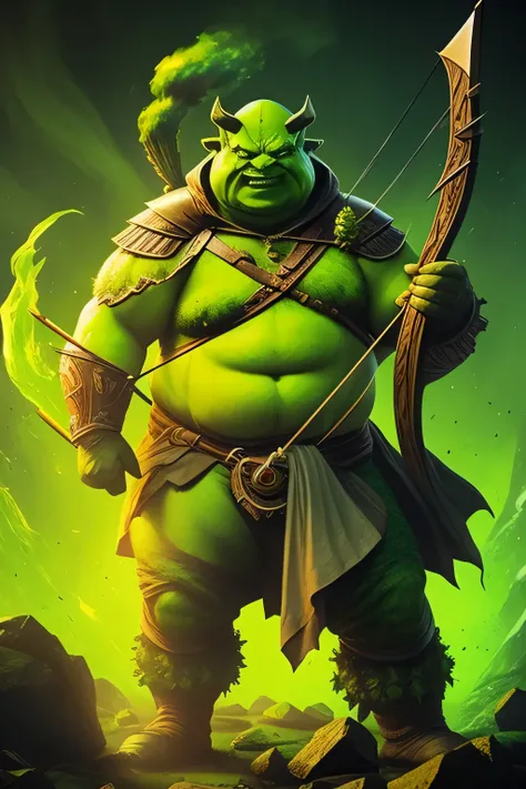 large fat green-skinned man with barnacles emitting green smoke, snarling face, rotting skin, holding a bow and arrow