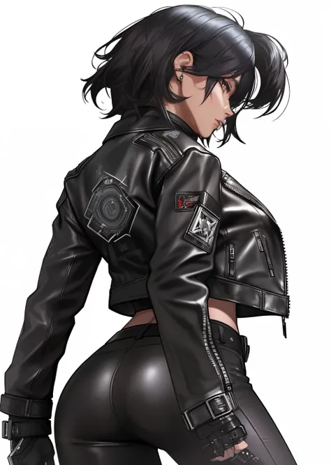 a close up of a woman in a black leather jacket and pants, style of raymond swanland, wearing cyberpunk leather jacket, female cyberpunk anime girl, by Russell Dongjun Lu, cyberpunk character art, jet black haired cyberpunk girl, stunning character art, by...