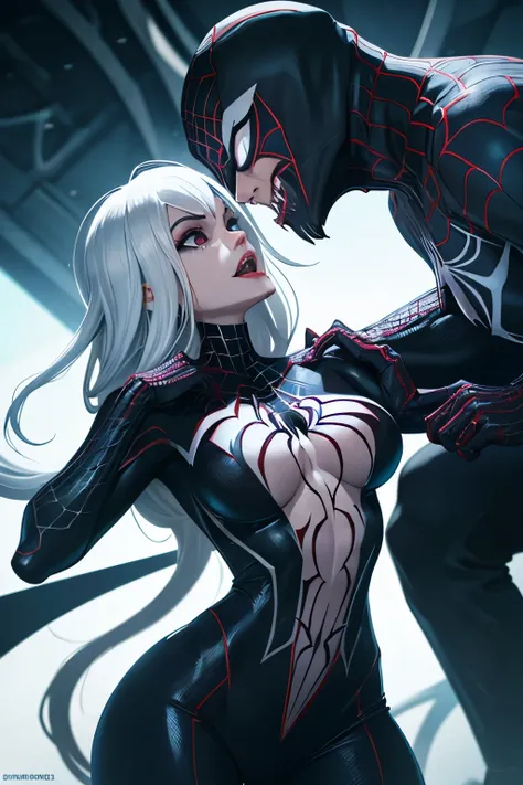 (Two characters:1.3). (Spider Gwen) and (Venom), hyper-realistic, Venom, in the background, standing tall, full black suit, muscular, large sharp white teeth, (large dripping tongue), looking hungry, Spider Gwen in the foreground, lying on her back, lookin...