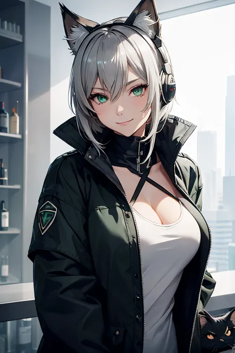 femele、short messy silver hair、oversized full-breasted tank top、Black inner、emerald green eyes、Tactical Coat、A smile、mechanical black cat ear headset、GM6 Lynx、girls frontline、Dolls Frontline、bar background、high-level image quality、hightquality、high-detail