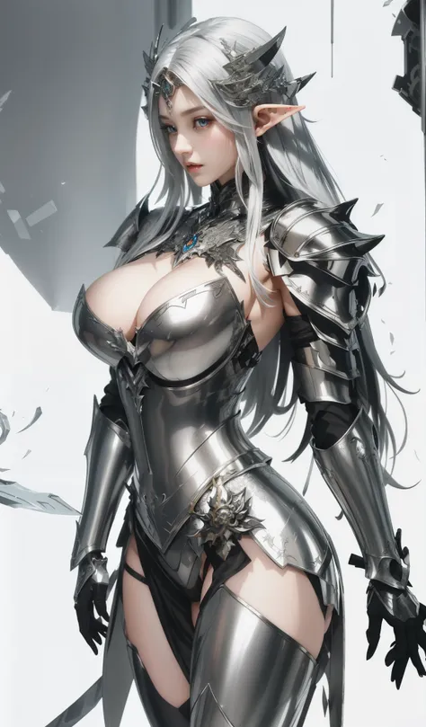 tmasterpiece，Highest image quality，Beautiful bust of a noble elf knight，Exquisite silver-white long hair，Clear  eyeull body armors，silver armor suit，sabre，Ultra-detailed details，advanced。At the Pixiv Art Station，Break your own power，，The kinky is exposed，R...