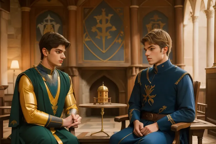 1140, Winchester, England. otherworldly scene in a medieval palace, king audience room, ((((17-year-old)) Matthew Daddario)), with ((((23-year-old)) Hunter Parrish)), knights, ((arguing)), fighting, angry, ((((hate expression)))), ((((tunic from the 12th c...