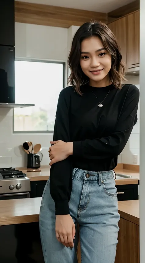 25 years old Indonesian woman, Big smile, Short wavy hair, Dress casually in a black long-sleeve shirt and long jeans pant, Slim body, Standing pose, At the kitchen, Day scene, High Resolution, High details, Best quality, POV.