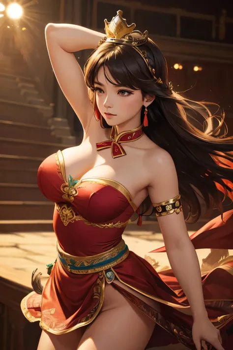 Best quality, masterpiece, ultra-detailed high res, (photorealistic:1.2), raw photo, illustration, 1girl dancing, (solo:1.2), (cowboy shot:1.2), (hair crown:1.2), Traditional chinese dunhuang style clothes, (strapless:1.2), (red eyeliner:1.2), (big breasts...