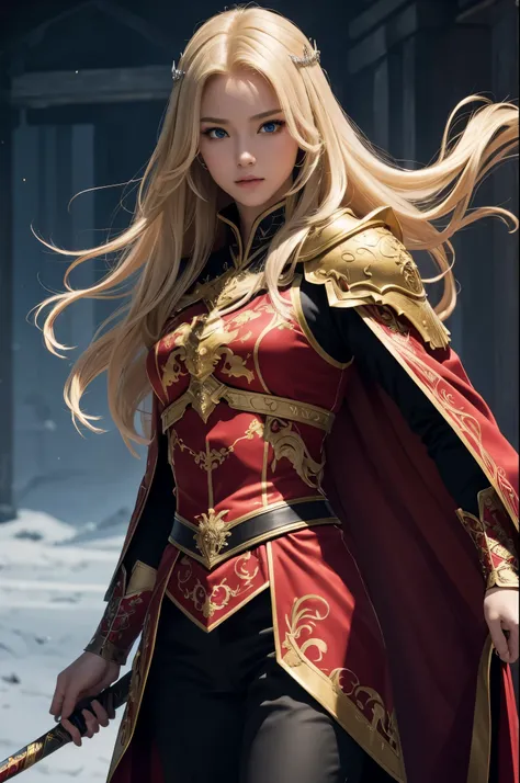 8K,A blonde girl wearing a gorgeous red, white, black and blue chest armor., Super beauty(Like the real thing)real looking skin,美しいPrincess Knight,Blue eyes, Princess Knight, ((美しい幻想的なPrincess Knight)), An elegant , gorgeous princess paladin,  美しいPrincess ...