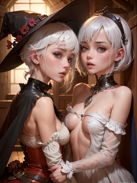 (masutepiece), (Piece of art), (Amazing work), (Detailed eyes), (Delicate skin), (Colorful eyes), (short white hair with bangs), (Sparkling eyes), (1girl in) ,(tiny chest),Skinny Legs,With witchs hat, oud, old, Wear extravagant medieval clothing, masutepie...