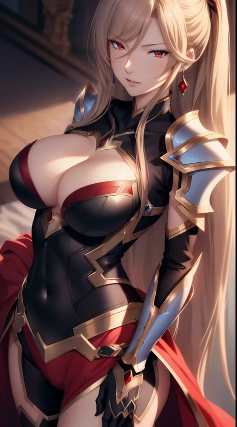 (Katalina from granblue fantasy), elegant, adult woman, long hair, earrings, full armor, red eyes, elegant face, high resolution, extremely detail 8k cg, close-up portrait, granblue fantasy style