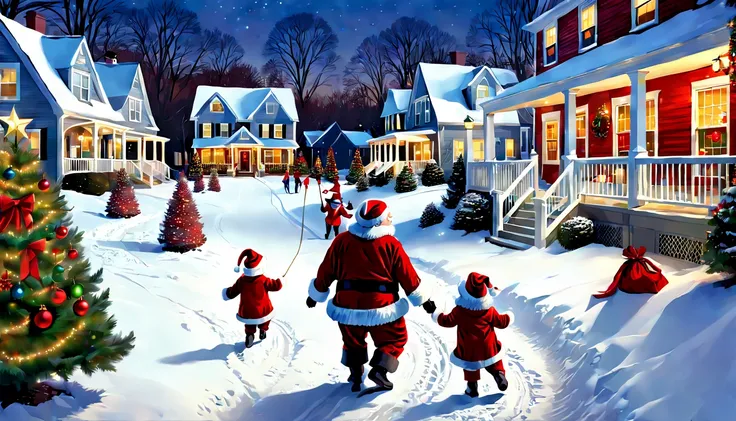 santa claus walk down the paths of a typical new jersey residential complex, bring a christmas gift, in the style of detailed br...