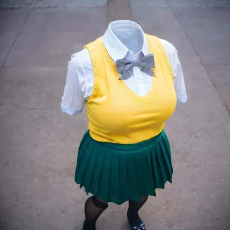 chubby, fat, school uniform, white shirt, short sleeves, pleated skirt, collared shirt, miniskirt, bowtie, green bow, green ribbon, (yellow sweater vest), cute pose, (invisible, no humans, headless, faceless:1.5), (close-up to breasts), cute big breasts, (...