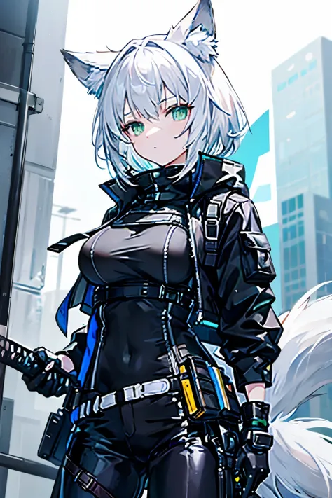 Arknights art style, arknights world,wolf girl,wolf ears,fluffy  tail,short hair,white hair,green eyes,mature body,smooth skin,wearing a black and blue jacket,tactical pants,tactical gloves,big breast, holding a sword