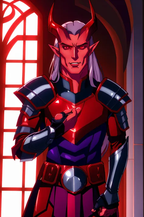 masterpiece, best quality, tiefling, male, purple streaked grey hair, long hair, red eyes, red colored skin, red horns, pointy e...