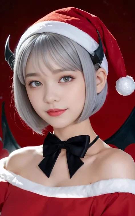 top-quality, 8K, ultra-detailliert, Red Eyes, 1girl in, Devilish appearance, (silver hair in a bob cut:1.5), Eyes are red, eyes gentle, (Carefree smile:1.2), (Black bat wings grow:1.5), (Black cow horns grow:1.3), Black Devillee beautiful red santa dress:1...