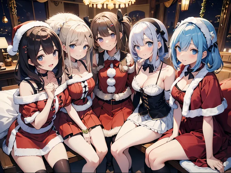 5 grls, クリスマスパーティーを楽しむhi-school girl5人、A smile、18year old、Sexy costume、sexypose、masutepiece, Best Quality, hight resolution, ​masterpiece、full body Esbian、(Highest quality illustrations:1.2), (Kawaii Girl:1.1),(5girls、One pose、hi-school girl)、 BREAK , {-So...