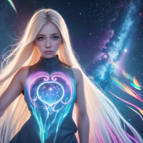 close up photo of a woman 25 yrs old with a light white skin and a medium blond straight hair, rainbow ray spiritual dimensions, cosmic being, Sacred, psychedelic , psychedelic design, Aura, becoming spiritual, masterpiece of rainbow ethereal colors backgr...