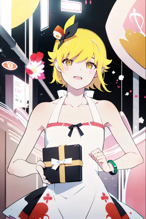 ((  oshino shinobu from monogatari series)) ,(1 girl ) short high , skinny body type, blonde long haircut , happy face expressio...