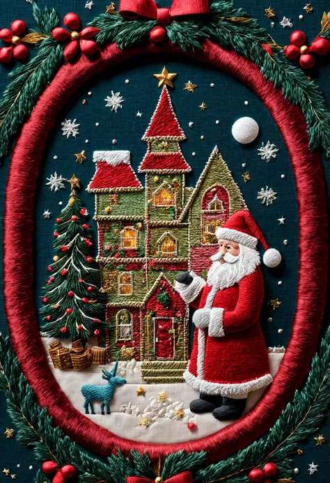 Christmas Eve story, 3d framed embroidery, macro detailed stitching, intricate fabric texture, intricate, (masterpiece, Representative work, official art, Professional, unity 8k wallpaper:1.3)